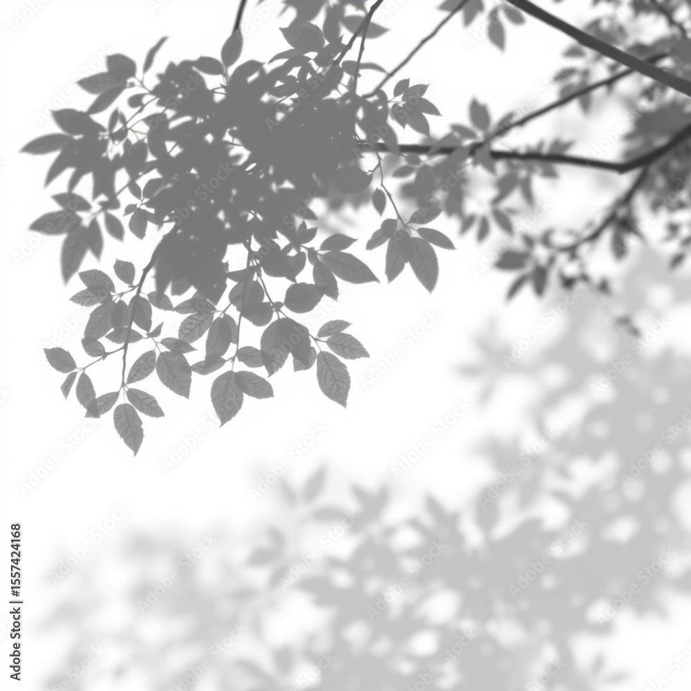 Fototapeta premium shadow overlay effect. Gray shadow of leaves isolated on white background. Plant foliage leaf shadow light effect. Mockup Blurred tree branch shadow. Ideal for summer spring design elements PNG