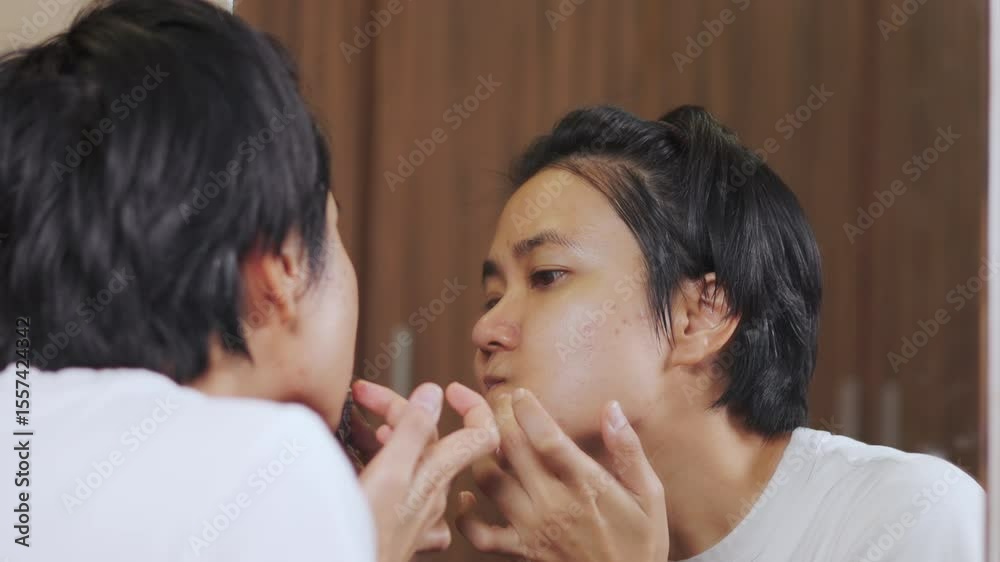 Close-up of an Asian woman applying acne spot treatment in front of a mirror. Focus on skincare routine, blemish care, and self care for healing pimples and maintaining clean, healthy facial skin. Close-up of an Asian woman applying acne spot treatment in front of a mirror. Focus on skincare routine, blemish care, and self care for healing pimples and maintaining clean, healthy facial skin.