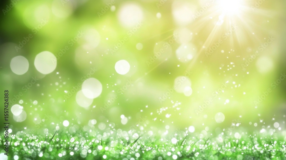 Fototapeta premium Serene close-up of green grass with delicate white dots in Shiny glow abstract background. Glitter