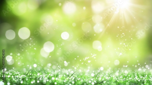Serene close-up of green grass with delicate white dots in Shiny glow abstract background. Glitter