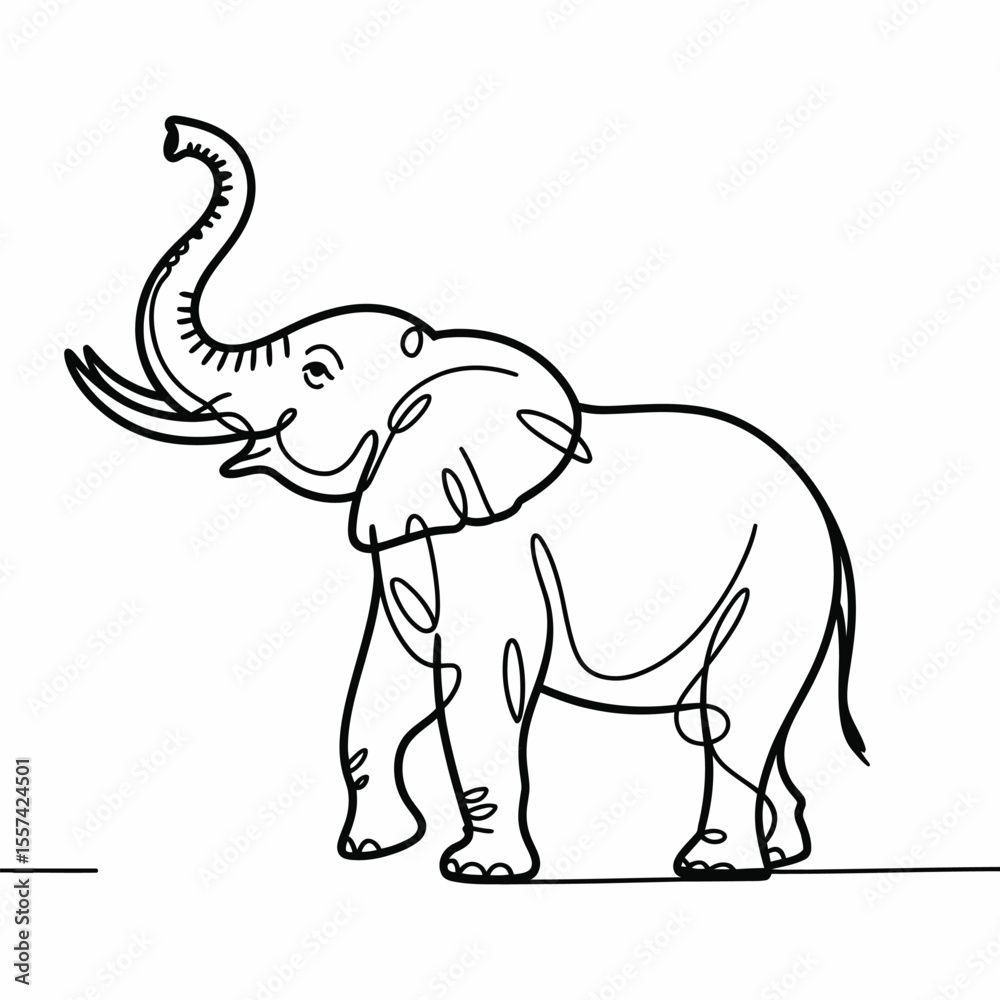 Fototapeta premium Black Line Drawing of an Elephant with Trunk Raised
