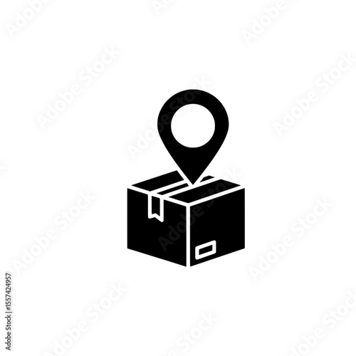 Solid Black Package Icon with Location Pin Symbolizing Delivery Tracking or Shipping Destination