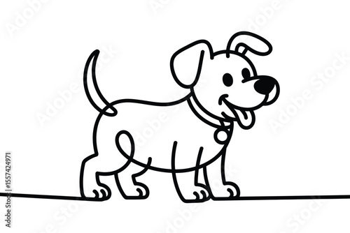 Black outline illustration of a smiling dog with collar and tongue on white background
