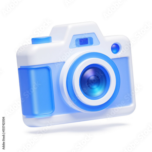 A 3D rendered icon of a blue camera. The camera is simple, modern, and minimalist in design, making it perfect for use in apps or websites.