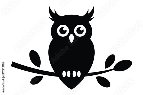 Black owl silhouette perched on a branch with leaves against a white background