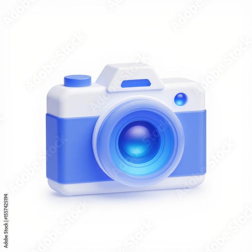 A 3D rendered icon of a blue camera. The camera is simple, modern, and minimalist in design, making it perfect for use in apps or websites.