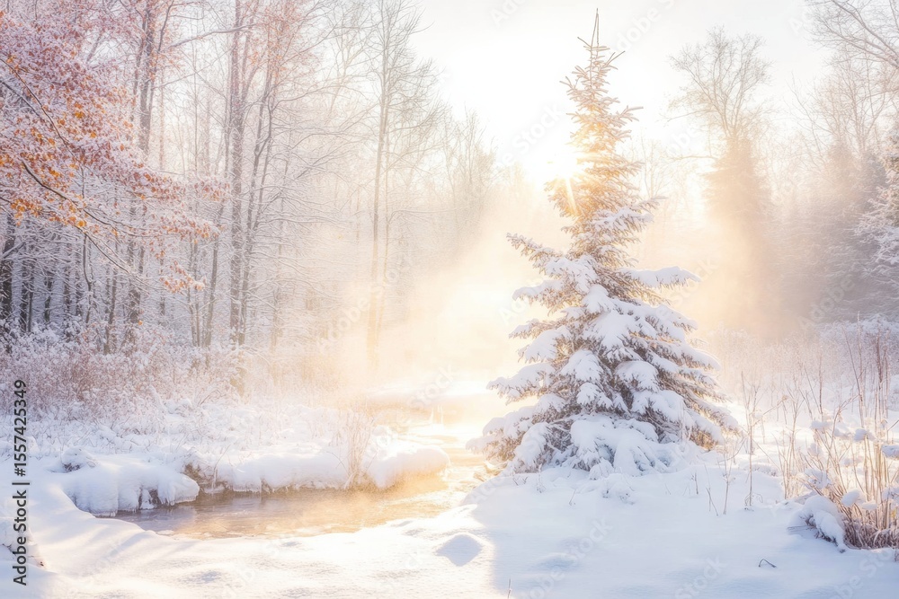 Winter Wonderland: Peaceful snowy forest scene with sunlit trees, frosty landscape. under the snow Winter Wonderland: Peaceful snowy forest scene with sunlit trees, frosty landscape. under the snow