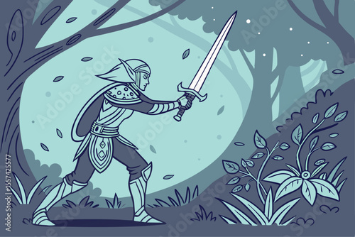 Elven Warrior with Glowing Sword in a Magical Fantasy Scene Vector