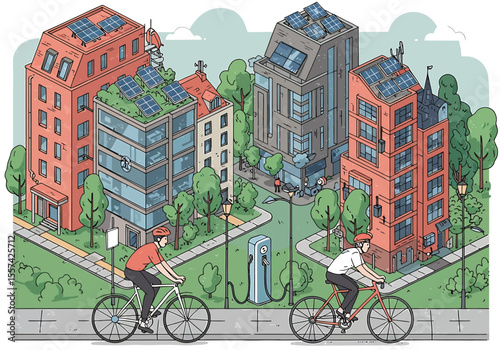 Two cyclists ride past buildings with solar panels and green roofs in a sustainable city environment.