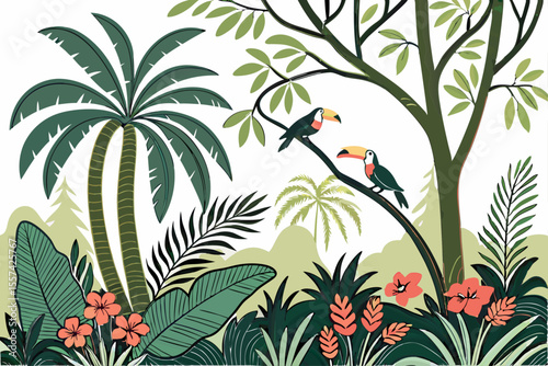 Tropical Jungle Scene with Exotic Plants and Birds
