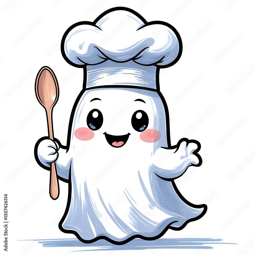 Cute Chef Ghost Holding Spoon – Funny Halloween Cooking Illustration Cute Chef Ghost Holding Spoon – Funny Halloween Cooking Illustration
