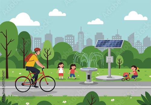A cyclist rides past children playing near a solar-powered water fountain in a park with a cityscape backdrop.