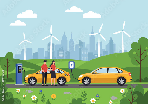 Illustration of a couple charging an electric car in a green landscape with wind turbines and a city skyline.