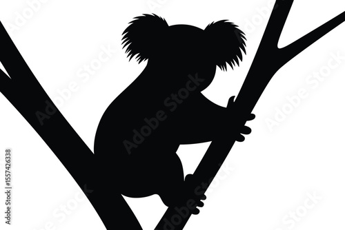 Black silhouette of a koala bear clinging to tree branches on a white background
