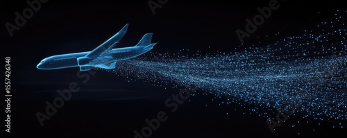 Abstract digital airplane, trails of particles