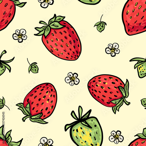 Repeating hand-drawn pattern featuring ripe red strawberries, unripe green berries, and delicate white strawberry flowers on a light cream background. Ideal for textile, packaging, wrapping paper, and