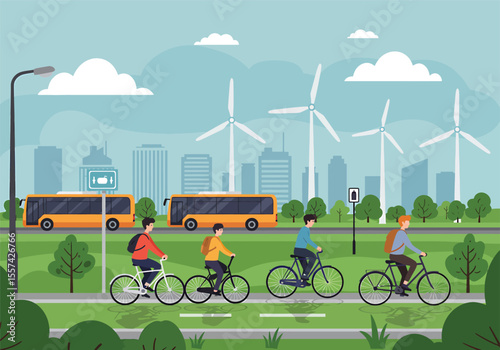 Four people cycling on a path with electric buses and wind turbines in the background, illustrating sustainable transportation.