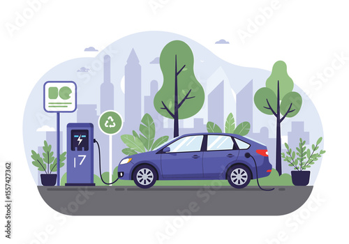 Electric car charging at a station in a city setting with trees and buildings.