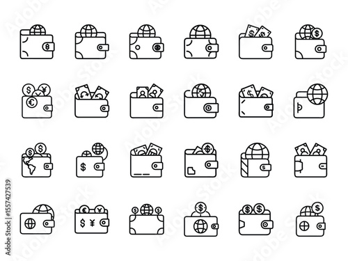 Bundle of Global Currency Wallet Icon Set – Silhouette Style International Money, Digital Wallet, and Currency Exchange Icons on White Background for Finance, Fintech, and E-commerce Applications