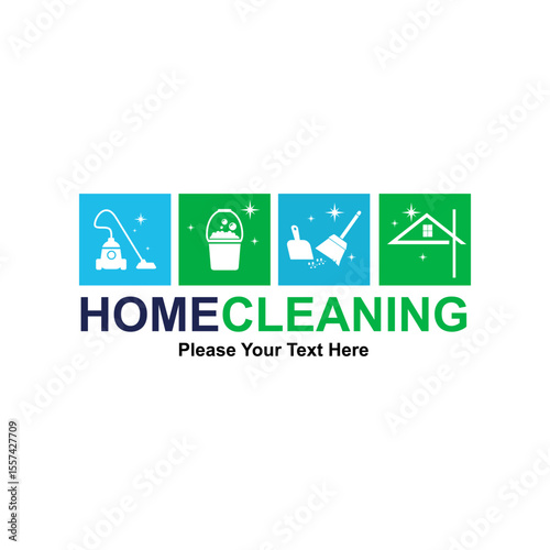 Home Cleaning service logo with icons of cleaning tools and a house, perfect for maintenance businesses.