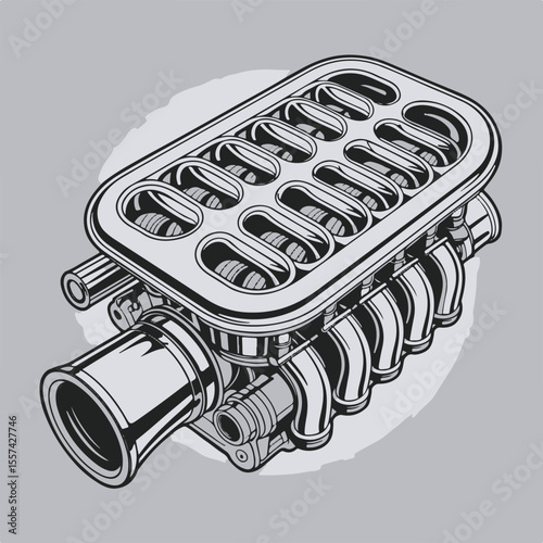 Detailed monochrome illustration of a powerful classic car engine with intake manifold and exhaust pipes on a gray background.