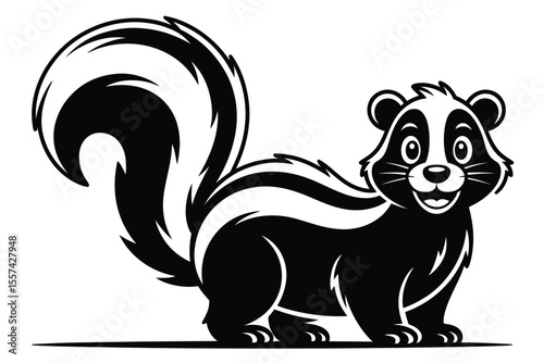 Smiling Skunk Illustration in Black and White with Striped Tail