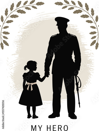 Brave Soldier Holding Daughter’s Hand, Military Dad Hero Silhouette, Family Love Patriotism Concept, My Hero Vector Illustration Art, Honor
