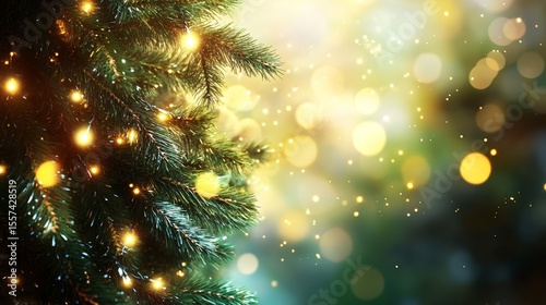 Christmas Tree Branch With Soft Blue and Gold Bokeh Lights Creating Festive Background