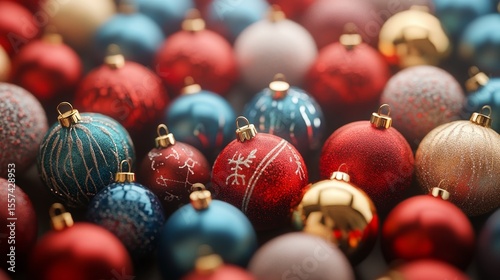 Close-Up of Red and Blue Christmas Baubles With Golden Details and Blurred Warm Lights in the Background