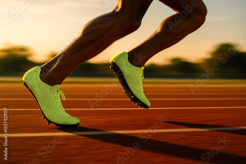 Fast runner flies across lane in neon spike shoes during sunset emphasising flow rhythm tempo cadence smooth forward motion