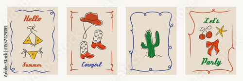 Hand drawn cowgirl coquettish illustration set, vector western bachelorette hand drawn party, ribbon, bow. Minimalist Line art. Whimsical style poster, invitation, social media, printables collection.
