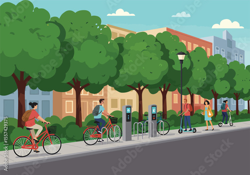Urban street scene with cyclists, scooter riders, and pedestrians enjoying a tree-lined bike path.