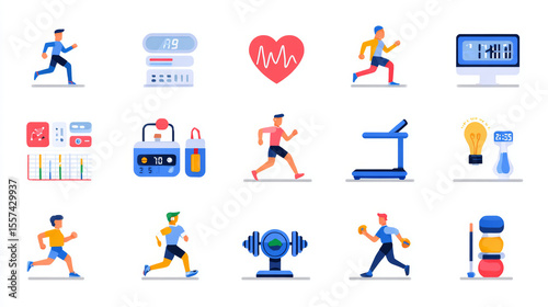 Flat icon set showing elements of running, health metrics, and gym activities