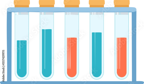 Flat science illustration with glass test tubes on a simple rack, liquid levels varied, playful unrealistic style, large copy space on a plain background, perfect for educational posters or banners