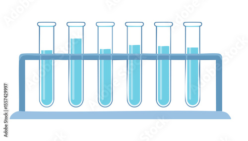 Minimal lab scene shows multiple test tubes partly filled with colorful solution resting on a sleek support, created in modern flat art style, generous blank area ready for headline text