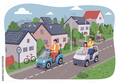 Illustration depicts families driving electric vehicles on a sunny suburban street, promoting eco-friendly living.