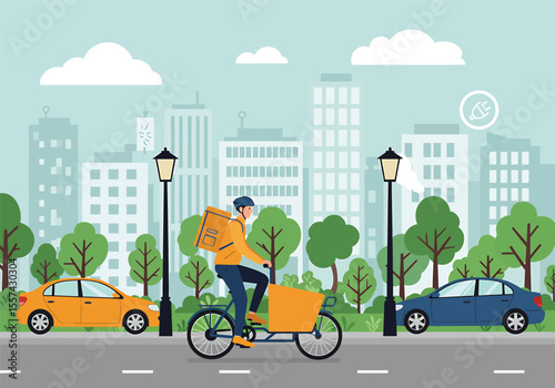 A delivery person cycles through a city street, carrying a package.
