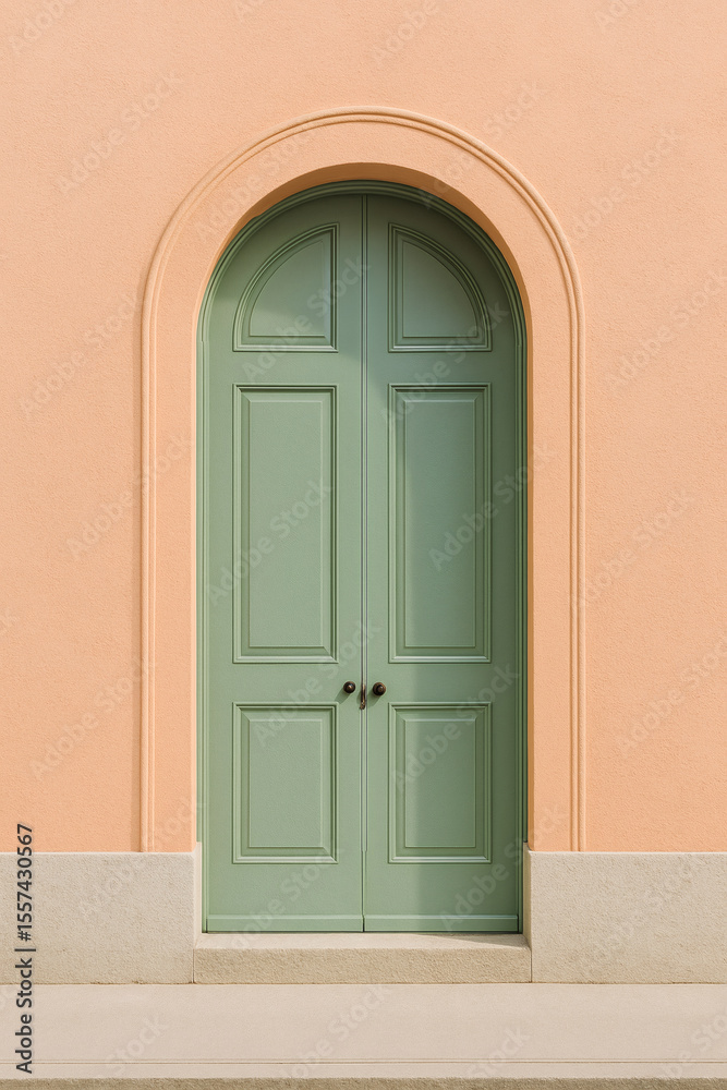 Arched Green Double Door on Pastel Wall – Elegant Minimalist Architecture. Arched Green Double Door on Pastel Wall – Elegant Minimalist Architecture.