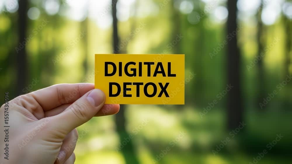 Concept of digital detox shown with a yellow card in front of a natural green forest