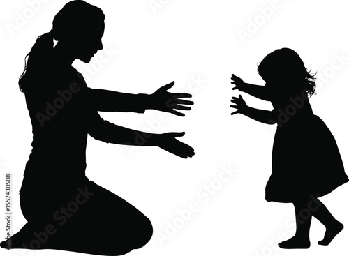 Mother Hugging Daughter Silhouette, Happy Family Bond, Child Running to Mom, Loving Parenting Concept, Emotional Family Vector Illustration
