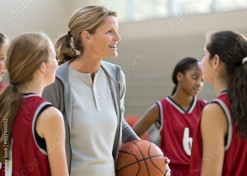 Close up, woman basketball coach and teenage girls basketball players. woman coach is standing in front of players