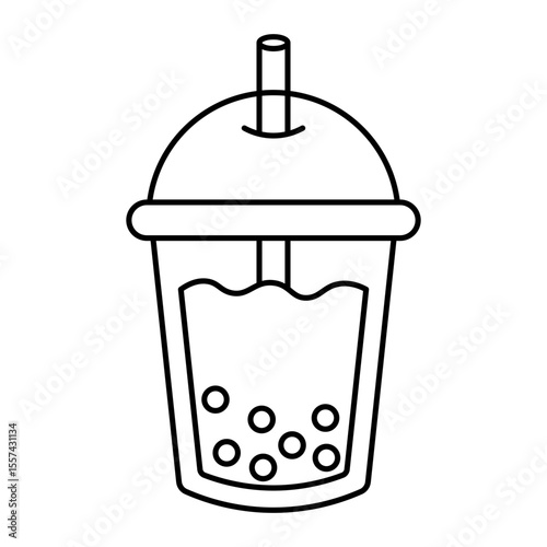 Cute line art bubble tea cup with tapioca pearls and dome lid isolated on white background