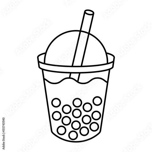 Outline drawing of bubble milk tea with dome lid and tapioca pearls isolated on white background