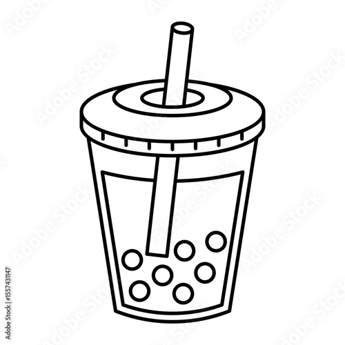 bubble milk tea with flat lid and straw line drawing isolated on white background