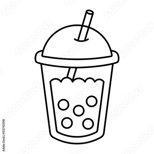 bubble milk tea line drawing with dome lid and straw isolated on white background