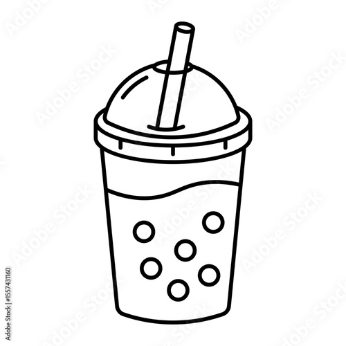 line art bubble tea cup with dome lid and straw isolated on white background