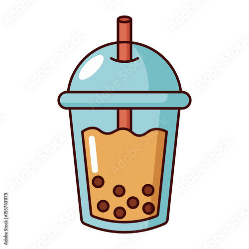 Blue bubble tea cup with dome lid and red straw isolated on white background
