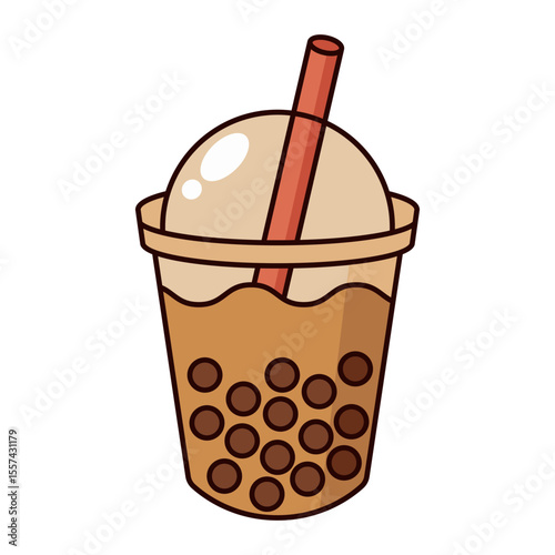 Brown bubble tea with dome lid and red straw isolated on white background