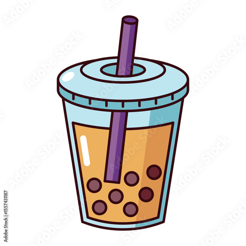 Orange bubble tea cup with flat lid icon isolated on white background