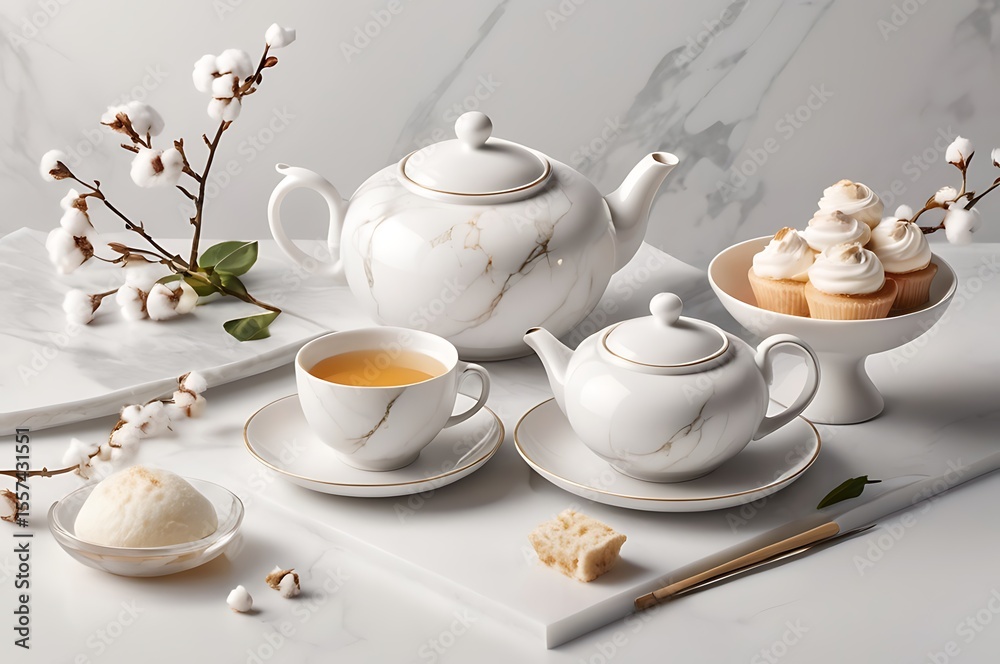 Fototapeta premium Elegant White Tea Set and Pastel Dessert on Marble Table with Cotton Branches